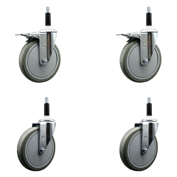 6'' Gray Poly Swivel 7/8'' Expanding Stem Caster Set 2 Total Lock Brakes, 4PK